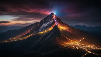 black background, mountain is illuminated from above by a beam of many colors