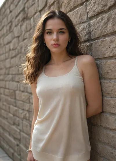 A beautiful young, very fat plus-size woman stands in front of a sunlit stone wall made of light Mediterranean rock. She has long, wind-tousled, naturally wavy hair and wears a short, beige knitted jumper that reveals her stomach. Her posture is relaxed, one arm is tucked into her hair, and she gazes gently into the camera. The warm, golden sunlight envelops her, casting soft shadows and subtle highlights on her skin and the textured wall. The background is wide and immersive, with gentle ambient motion in the hair and light particles in the air. Style, Retro film, a cinematic wide-angle shot, natural light, poetic realism, slow cinematic movement, fashion editorial mood., <lora:Chubby BBW - XL:1.9>