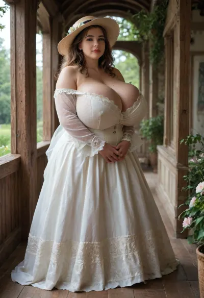 A young woman, (ethnicity:1.2), (age:1.1), wearing a white Victorian dress with blue floral accents, (detailed clothing:1.2), posing beside a weathered wooden porch column, (facial features:1.3), serene expression, (expression:1.2), light gloves, (accessories:1.1), leaning against the column, looking up towards the sunlight, full body shot, outdoor setting, blurred green foliage in the background, layered ruffle skirt, long sleeves, a small hat with flowers, (detailed fabric texture:1.2), soft natural lighting, romantic atmosphere, photorealistic, art nouveau style, 8k resolution, (detailed skin texture:1.2), ., (hyper breasts:1.2), (((bbw body:1.2))), large, breasts, big, boobs, huge, tits, <lora:SDXL_MassiveCowsLoRA_v1:.8>, <lora:bombshell_v2:.8>