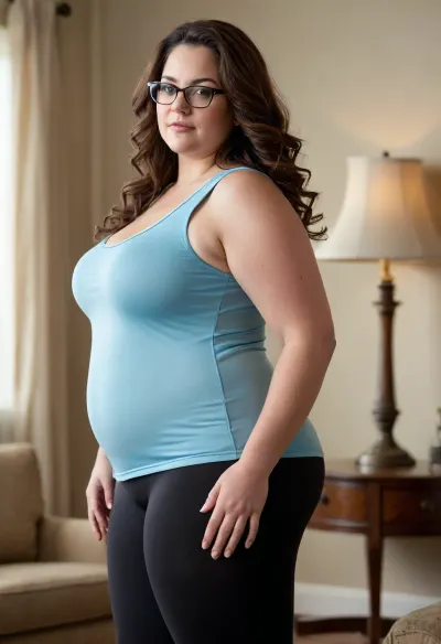 A dramatic, indoor photograph of a SSBBW, obese, fat, mature woman in a dynamic pose, leaning forward from the waist. She is looking back over her shoulder towards the camera. She has long, dark brown, wavy hair and is wearing eyeglasses. She is dressed in a light blue, form-fitting tank top and, solid-colored light black leggings. She has visible panty lines showing on her ass. The lighting is low and warm, casting soft shadows. The background features warm, earth-toned elements, including a large lamp base and a dark, upholstered piece of furniture, creating a cozy, intimate atmosphere. The composition emphasizes her back, shoulders, and the curve of her body. She has a large round bottom