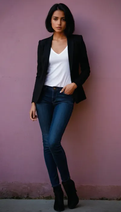 A 23-year-old Mexican woman, 5'6" tall and 120 lbs., very slim, with short black hair, a good build, a moderately defined abdomen, medium chest, well-defined thighs, and a well-defined buttocks. She wears urban clothing, slim-fit jeans, minimalist blouses, casual blazers, and ankle boots in white, black, or lavender.

Good natural lighting. Ambient colors, Smoke White #F5F5F5, Light Lavender #C5B9E0, Charcoal Black #222222.