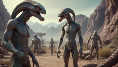 Alien planet. Aliens with snake-like bodies and humanoid heads spray acid.