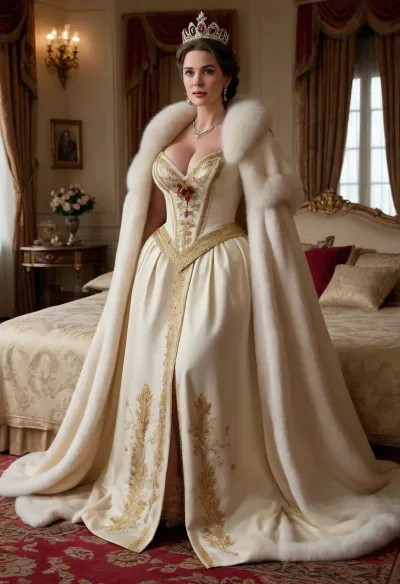 aristocratic bedroom, large grand room, most beautiful actress in the world, mature beautiful super star world class actress, queen’s crown, ((coronation gown)), (((fur imperial state robe))), floral embroidery, (ankle length dress skirt), hyper breasts, hyper ass, large, breasts, big, boobs, huge, tits, <lora:bombshell_v2:1.2>