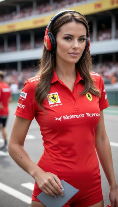 High angle, rear side view, 8k, professional photography, cinematic lighting, best quality, ultra-detailed, fine detail, pixel perfect.

40 year old woman, seamless tanned skin, long brunette hair, perfectly straight hair. Smooth skin, supermodel figure, tall and slim, slim ass, tall body, long legs, miss world winner.

Ferrari Formula One team engineer. On the grid at the Monaco Grand Prix. Wearing a red Ferrari team shirt, red Ferrari team shorts, white sneakers. Black communication headset on her head. Writing on a black clipboard. Medium breasts.