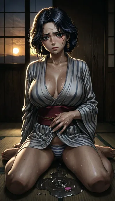 High-detail images, Anime style, Japanese animation, anime of Hayao Miyazaki, In japane, In japanese house, Japanese city background, Evening, sunset, Tatami Mat, blackboard, window, Japanese woman, Dressed japanese Yukata outfit, An open yukata, Barefoot, Sitting on a Tatami Mat, A wet spot on the a Tatami Mat, Puddle on the tatami mat, (Forty years old woman:1), (((milf))), adult woman, Voluptuous body type, Sweaty tits, Sweaty face, (gigant tits:1.1), Moles, Wrinkles, Freckles, Veins, marks, hairy Pubis, Japanese face, (A confused face:1.4), Black eyes, black hair, Square hairstyle, Bunches on the back of the head, Striped panties, Vibrator in panties, (Hands behind your back:.7), beautiful woman, beautiful face, Beautiful body, beautiful hands, beautiful feet, beautiful fingers, beautiful eyes, Beautiful ears, High-Detail fingers, (<lora:dark:.8>:1.5), (<lora:intenseMODE_md:1>:1.9), (<lora:detailed_notrigger:1>:1.9), (<lora:add-detail-xl:1>:1.8), (<lora:LCM_LoRA_Weights_SDXL:.5>:.5), NEGATIVE_HANDS, BadX, unaestheticXL_cbp62, negativeXL_D, detailxl