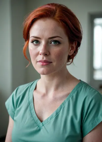 A nurse very strong big milf, short bright red hair, (very wet hair), chubby very powerful body, very big strong shoulders, Very strong wide forearms.A very strong very powerful broad-shouldered woman.
A closed green surgical uniform of a nurse with half-covered shoulders, a gray dirty bra is visible.
Very freckled.She very evil, looks at me very angrily, with a hateful look from under his brows and frowns.
super realistic