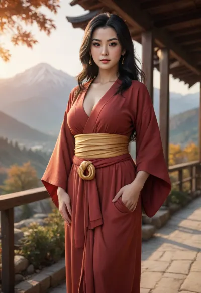 Dragon Ball character Chi-Chi, re-imagined as a strong milf, old graceful woman in her 50s, milf woman, chubby, big tits, busty figure, horny, seductive pose, standing in the courtyard of her mountain home at sunset. Her long black hair flows in the wind, and she wears a deep red kimono with gold accents. Her eyes are calm but intense, carrying years of strength and wisdom. Warm orange sunlight highlights her face, soft mist drifts around the mountains behind her. Cinematic lighting, painterly anime realism, ultra-detailed textures, emotional atmosphere, high-resolution 4K illustration.