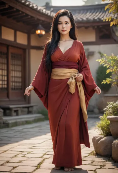 Dragon Ball character Chi-Chi, re-imagined as a old strong mature milf, old graceful woman in her 50s, milf woman, chubby, big tits, busty figure, horny, seductive pose, standing in the courtyard of her mountain home at sunset. Her long black hair flows in the wind, and she wears a deep red kimono with gold accents. Her eyes are calm but intense, carrying years of strength and wisdom. Warm orange sunlight highlights her face, soft mist drifts around the mountains behind her. Cinematic lighting, painterly anime realism, ultra-detailed textures, emotional atmosphere, high-resolution 4K illustration.