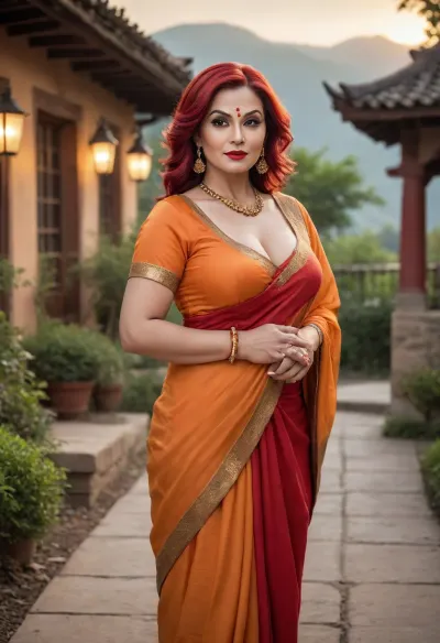 Dragon Ball character Chi-Chi, re-imagined as a cuckold Indian gilf, 60+ slut sex teacher, bold makeup, red glossy lipstick, red hair, old strong mature milf, old graceful woman in her 60s, milf woman, chubby, big tits, busty figure, horny, seductive pose, standing in the courtyard of her mountain home at sunset. wears a red indian salwar suit, Her long black hair flows in the wind, Her eyes are calm but intense, carrying years of strength and wisdom of adultery. Warm orange sunlight highlights her face, soft mist drifts around the mountains behind her. Cinematic lighting, ultra-detailed textures, emotional atmosphere, high-resolution 4K illustration.