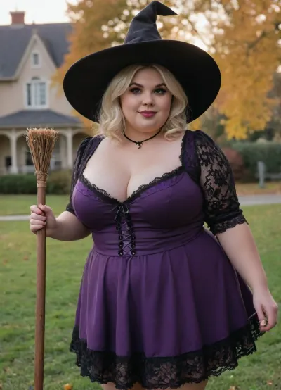 (Portrait:1), extremely detailed, candid Halloween picture, realistic photograph of a cute, 30-year old witch, aroused, Caucasian American, pale skin, big witch hat, big chubby face, Flushed Cheeks, eye liner, lipgloss, floppy bust, pretty round face, light blonde hair, bob haircut, (detailed chubby face), (purple black lacy witch dress), flirty sexy smile, holding broomstick, standing on lawn of hounded mansion, autumn, golden sunshine, sun beams, light rays, (fully clothed), shoulders, <lora:SDXLHighDetail_v6-000005:1>, <lora:runga_8.1-000002:.8>