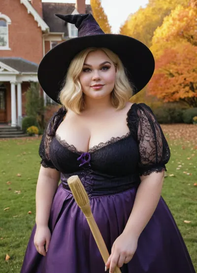 (Portrait:1), extremely detailed, candid Halloween picture, realistic photograph of a cute, 30-year old witch, aroused, Caucasian American, pale skin, big witch hat, big chubby face, Flushed Cheeks, eye liner, lipgloss, floppy bust, pretty round face, light blonde hair, bob haircut, (detailed chubby face), (purple black lacy witch dress), flirty sexy smile, holding broomstick, standing on lawn of hounded mansion, autumn, golden sunshine, sun beams, light rays, (fully clothed), shoulders, <lora:SDXLHighDetail_v6-000005:1>, <lora:runga_8.1-000002:.8>