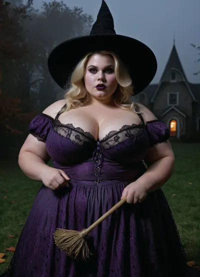 (Portrait:1), extremely detailed, candid Halloween picture, realistic photograph of a cute, 30-year old witch, aroused, Caucasian American, ugly pale skin, big witch hat, big chubby face, Flushed Cheeks, black eye shadow, eye liner, dark lips, (glossy lips, wet), (massive bulging bust), fat round face, greasy blonde hair, (detailed chubby face), (purple black lacy witch dress), sexy teasing, holding broomstick, standing on lawn of hounded mansion, autumn, dark night, at night, black background, foggy, mystic, (fully clothed), shoulders, <lora:SDXLHighDetail_v6-000005:1>, <lora:runga_8.1-000002:.5>, <lora:dark:.8>, Dark, Fantasy, page, <lora:Dark Fantasy:.8>