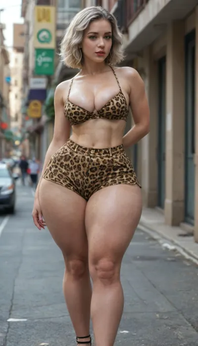 Cinematic, 4K, (perfect quality:1.9), (ultra realistic detail:1.9), (hdr:1.3), leica SLR camera, (Bright diffused reflected lighting), sharp clear focus, perfect composition of lights and shadows, Depth of Field, (high budget), (high ratingcinemascope), 50 mm lens, 1/100s, f/5.0, ISO 350, (3/4 profile shot), eyes contact, (Mature beautiful tall skinny woman 30 years old), (Walking down the street:1.1), (In Brazilian leopard-print shorts:1.6), (In high heels), (Cleavage:1.4), Cute realistic micro-detailed face, satisfaction, open mouth, (Detailed huge expressive blue eyes), Long cat eyelashes, (Huge thick bright pink matte lips), bob cut, ash-silver hair, (Pale photorealistic wet skin with micro-roughness:1.5), (extremely gigantic, round a-shaped, juicy ass:1.7), (athletic wide hips:1.3), (athletic toned legs:1.5), (toned thighs), (narrow slim waist:1.3), big toned boobs, (voluminous, phat buttocks with an uneven hyper-detailed texture of cellulite deposits:1.1), (Queen of Spades brand tattoo on the buttock:1.2), (Perfect hangs with fingers), accurate anatomy.