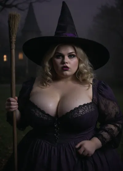 (Close-up), (Portrait:1), extremely detailed, candid Halloween picture, realistic photograph of a cute, 30-year old witch, aroused, Caucasian American, ugly pale skin, big witch hat, big chubby face, Flushed Cheeks, black eye shadow, eye liner, dark lips, (glossy lips, wet), (massive bulging bust), fat round face, greasy blonde hair, (detailed chubby face), (purple black lacy witch dress), sexy teasing, holding broomstick, standing on lawn of hounded mansion, autumn, dark night, at night, black background, foggy, mystic, (fully clothed), shoulders, <lora:SDXLHighDetail_v6-000005:1>, <lora:runga_8.1-000002:.5>, <lora:dark:.8>, Dark, Fantasy, page, <lora:Dark Fantasy:.8>