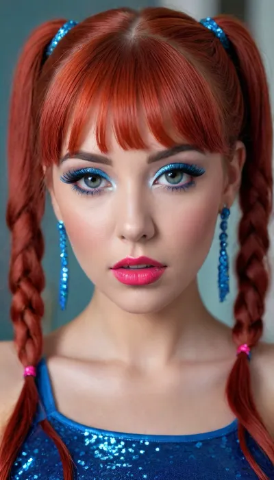 (high-quality facial treatment:1.3), ((makeup:1.5), long blue eyelashes, olive eye shadow with sequins), large plump lips bimbo in red lipstick with a glossy wide pink outline and a slightly open mouth, (hairstyle with five pigtails straight bangs of blue with sequins:1.2), pupil eyes like a snake
eyebrows thin