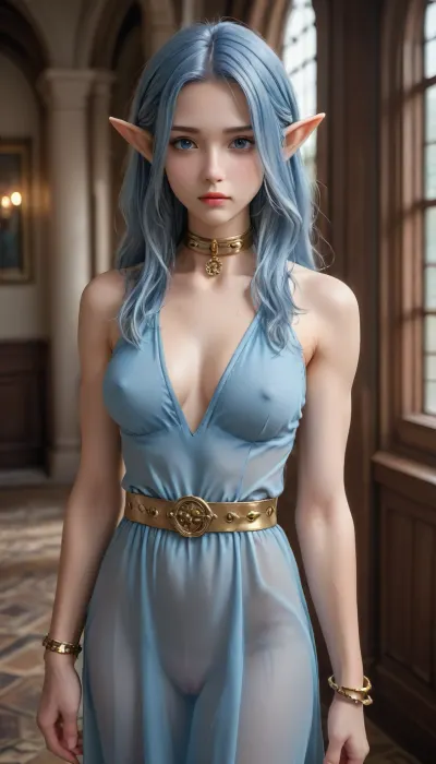 young slender elf in a transparent blue dress, blue hair, long hair, decline, (medium breast:1.5), wide gold belt, pussy, golden slave collar, gold slave bracelets on her arms, uberfit, muscular, athletic, <lora:uberfit_lora_sdxl:1>