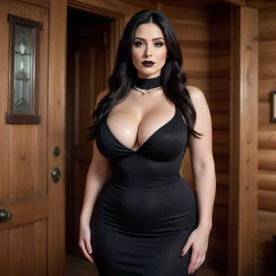 Tall milf, long black dress, black lipstick, long black hair, black chocker, pearl necklace, curvy, voluptuous, big tits, massive tits, wide hips, waist up view, standing, in doorway, log cabin interior, hoopdress, Curvy, body, <lora:bab4d033-acad-4a4e-b6fa-5dda2bad3471.TA_trained:.6>, <lora:b8174d41-8ba7-4318-bc14-53ee7e353d91.TA_trained:.5>, Angela, White, <lora:292816_training_data:.8>