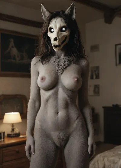 masterpiece, best quality, absurdres, highres, high quality, highly detailed, ((mammal female, Character, mal0, malo, scp-1471-a, anthro woman)), wolf, furry female detailed fur, fluffy fur, gray fur, skull, crotch tuft, tail, (((high Quality, scp-1471)))