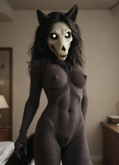 masterpiece, best quality, absurdres, highres, high quality, highly detailed, ((mammal female, Character, mal0, malo, scp-1471-a, anthro woman)), wolf, furry female, detailed fur, fluffy fur, gray fur, skull, crotch tuft, tail, (((high Quality, scp-1471)))