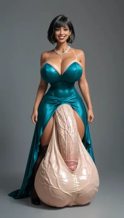 Futanari, (massive big cock, big tanned penis to the knees, detailed wet veiny erect penis, gigantic veiny heavy balls, massive huge ball sack, very massive veiny scrotum), massive very big futa cock bulge, (huge cock bulge), big futa penis to the knees, massive heavy futa balls, glamour portrait of a lovely latina futanari shemale, massive milky breasts, playful smile, perfect thin fine nose, eye liner, thick eyebrows, red lips, looking at viewer, tanned skin, long black hair, bobcut hair style, large thick golden hoop earring, necklaces, warm grey empty room background, dark skin, very sexy, laughing, ultrarealistic, ultra high definition, 8K, masterpiece, 1girl, large, breast, green, eyes, dress, necklace, short, black, hair, bangs, thighhighs, jewelry, <lora:xl_more_art-full_v1:.8>, <lora:add-detail-xl:.8>, <lora:209970_training_data:.8>, <lora:Fubuki1024:.8>