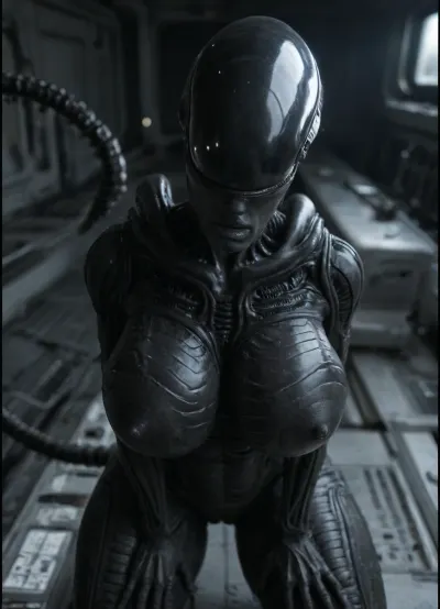 masterpiece, best quality, absurdres, highres, high quality, highly detailed, ((mammal female, Character, xenomorph anthro woman)), (((thick outlines, black outline))), 1girl, xenomorph, alien, monster, very black skin, black skin, full lips, no eyes, no humans, (theme), saliva trail, closed mouth, breasts, spiked tail, tall female, huge ass, wide hips, thick thighs, curvy, dutch angle, from above, massive breasts, skindentation, precum, motion lines, detailed background, spacecraft, science fiction, dark, dark lighting, HDR, detailed lighting, volumetric lighting, shadow