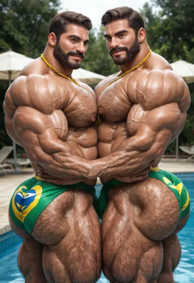 2 big muscles old matures twins brothers men, 60-years-old, identical brorhers, (twins brothers:1.5), muscles, big muscles, (big muscles:1.3), brown hair, hairy body, brown beard, brown mustache, (hairy ass:1.4), two big muscles matures twins brothers men, big pecs, big bulges, big ass, big butts, (fat booty:1.7), (big round ass:1.7), showing their ass, wwearing tight speedos, (brazilian pattern:1.5), tight open shirts, golden chain necklaces, hugging on poolside, (big bulges:1.3), (big beefy daddy:1.6), couple daddy, only men, gay, both daddys looking to the viewer, cool pose, duo