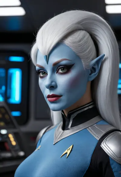 (2girl), topless, slutty Andorian bimbo starfleet officer, bimbo, bimbo lips, blue skin, massive tits, white hair, heavy makeup, alien, extraterrestrial girl, alien girl, hyper detailed, hyper realistic, stunningly beautiful woman dressed in starfleet uniform, high-contrast shading, 8k, uhd, insanely detailed, masterpiece, Starfleet uniform, Star Trek uniform, star Trek, ST_B_Enterprise, sttldunf, uniform, andorian, blue, skin, antennae, white, hair, fluffy, eyebrows