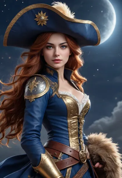 A comic illustration of a female musketeer figure. She wears a blue and gold outfit with a large hat with a feather. The outfit features a low-cut back and long sleeves. She holds a foil. Her long, reddish hair blows in the wind. In the background is a dark blue night sky with stars and a crescent moon. She stands with her back to the viewer and is turned slightly to the side. She appears powerful and ready for battle. Fighting movement. END, /#©KlTTY-ART/
