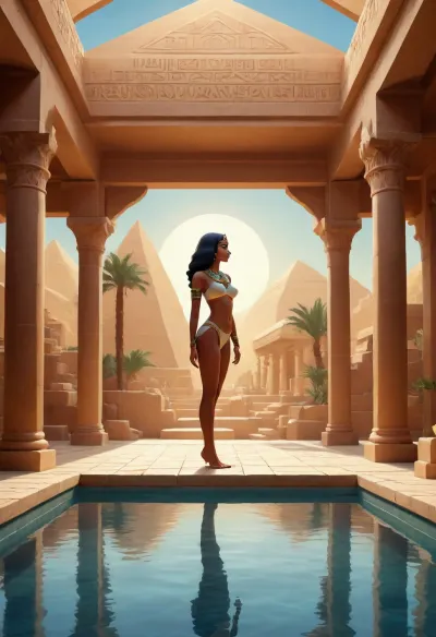 geometric, luminous shadow landscape, female egypt cartoon figure, canopy, bathhouse, dynamic, paper background, fairytale-like. /©KlTTY-ART/