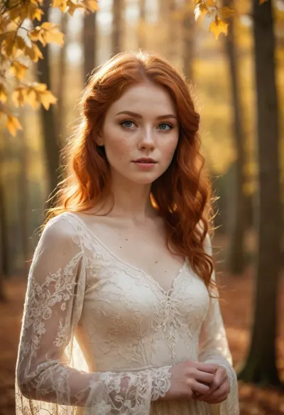 fantasy art, beautiful red-haired woman, freckles, large golden eyes, soft light, autumn leaves floating, lace dress, delicate, soft focus background, sunlight filtering through trees, ethereal, fantasy, dreamy, glowing sparkles, detailed hair strands, warm colors, serene expression, slight smile, upper body focus, magical atmosphere, soft lighting, detailed textures, fantasy portrait, autumn theme, intricate lace, feminine, enchanting, soft light and shadows. /©KlTTY-ART/