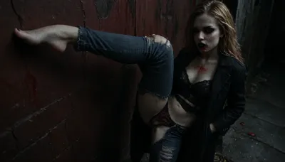 High-detail images, beautiful woman, beautiful face, Beautiful body, beautiful hands, beautiful feet, beautiful fingers, beautiful eyes, Beautiful ears, outdoor, public street, bus stop, night TIME, snow, winter, moon light, Fog, mist, (young face:1), (angry face:.5), very long hair, blonde hair, red eyes, emo style makeup, Black lipstick, (vampire girl:1.5), blood on mouth, (young body type:1), (Pale skin:1.5), a-cup chest, Moles, Wrinkles, Freckles, Veins, marks, Dressed Coat, Lingerie, torn jeans, Wet panties, hairy pussy, Hands in pocket Coat, Leg up on a wall pose, View from above, (<lora:detailed_notrigger:.9>:1), (<lora:dark:.65>:1), (<lora:detailer-xl:.9>:1), (<lora:LCM_LoRA_Weights_SDXL:.1>:1), (<lora:EnvyZoomSliderXL01:1.5>:1)