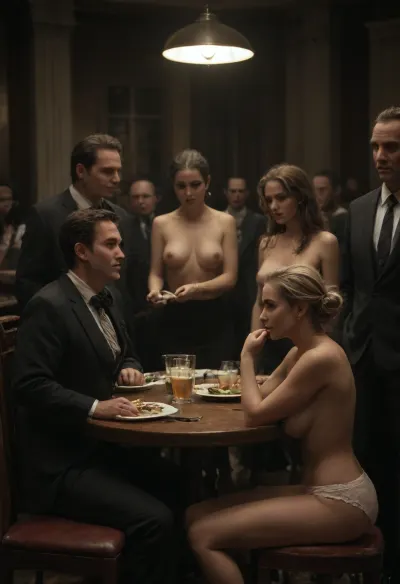 At the posh society dinner Mrs Shagwell is hypnotised.
A trio of 50 milfs and their men partners sit around a dinner table, equal number of men and women, wine and drinks on the table, massive tits, topless, women all wearing evening dresses, all women topless, ((all panties around their knees:1.4)), . Blonde hair in a bun with bangs, They all sit at the table in a crowded darkened restaurant, men and women sit all around her, flanked on both sides by couples, (men in suits and women topless), all men sitting, wearing suits, She is being vaginally fingered by the men as they all listen to the after dinner speeches . There is a crowd of men in suits standing around them in the background, ((all the women in the scene are topless:1.6)), <lora:dark:.4>, <lora:267001_training_data:1.4>, huge, breasts, massive, <lora:SDXL_MassiveCowsLoRA_v1:.8>
