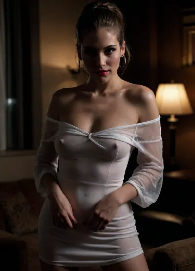 BustySophie returning from a party in see-through slutty low-cut off-the-shoulder white mini dress, expression happy and smiling, no bra, heavy eye makeup, heavy eyeliner, blush, bright red lipstick, very large hoop earrings, thick necklace, her hair is pulled back in a messy ponytail, close up of only her head and chest, She is sitting on the couch, the POV of the camera is sitting on a chair across from her, only light is a snapshot flash on female, dark background, Night through windows, braless, Wearing, clothes, that, make, sense, with, Braless>, bustysophie, <lora:dark:1.4>, <lora:bralessSDXL_v1_00022:1.7>, <lora:405168_training_data:.8>, <lora:580159_training_data:1.9>, <lora:bustysophie_xl_v1.1:2>
