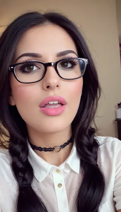 woman sssniperwolf is wearing glasses and choker necklace, extreme close up, highly detailed face wearing heavy makeup, (visible pores:.35), (highly detailed skin:.3), wearing a white button down shirt, best quality, sweetegl, sweetop, swe3tjsk, bl0use, <lora:sssniperwolf_XL:1.8>, <lora:SweetLolitaXLv4.23:.8>