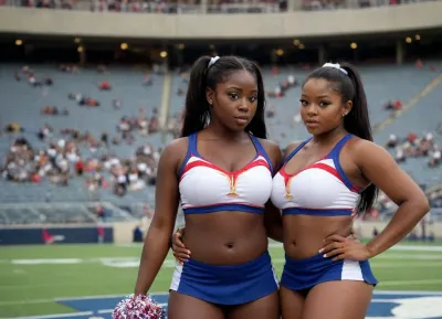 woman, (((very dark black skin))), 2 beautiful chubby black women, 2 friends, amazing stunningly beautiful, most beautiful women ever, nsfw, high resolution, identical skimpy cheerleader outfits, exposed breasts, very short skirts, lifted up, visable pussies, high pigtails, shirtlift, in a stadium