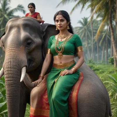 A beautiful Indian milf woman dressed in Kerala traditional dress rides a elephant through the green fields, with many coconut trees in the area, cyberpunk art, retrofuturism, by Lü Ji, cgsociety 9, nezha, very beautiful cyberpunk, cyberpunk, concept art feng zhu, (UHD, 4K, 8K), massive bust, perfect soft face