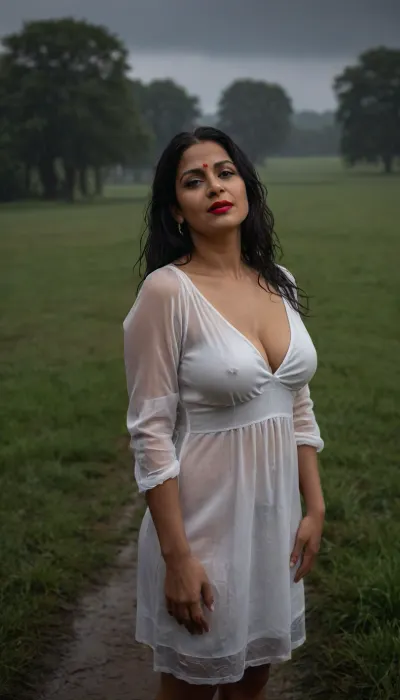 Man named milo 50 yo aged built african and Savita named Indian beautiful chubby milf 40 yo woman, Sexy instagram model standing outside in a field in pouring rain soaking wet. White satin tea party dress, Wet clothes, wet hair, full makeup red lipstick, wet body. high quality photo, erotic, elegant, sensual, seductive, view from in front and below, viewer looking up at model, dark stormy weather dark lighting, wet, hair, wetshirt, savita standing at left and milo the aged man standing beside her at right side holding her hand smiling looking at her, (ultra realistic, realistic, photorealistic, photo realistic, photorealism, photo realism, lifelike, convincing realism), (maximum quality, ultra-detailed, insanely detailed, highly detailed, high quality, uncompressed, raw source photograph, raw image)