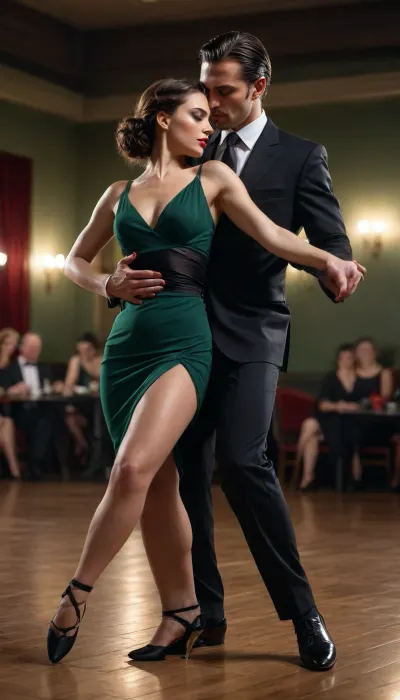 Passionate tango dancers, elegant and sophisticated style, dynamic dance pose, dramatic lighting, professional dance studio, fluid movement, intense expression, formal dance attire, red and black color scheme, high contrast, detailed fabric textures, polished reflection on the dance floor, atmospheric shadows, powerful stance, artistic composition, (ultra-detailed faces), +++, (clear hands), photorealistic, 8K resolution, high detail, professional photography, sharp focus, dramatic mood, couple performing passionate tango dance, center frame, man, Argentinian, 30s, wearing black suit and black shirt, woman, 20s, wearing black dress and high heels, (green eyes, sharp eyebrows, thin chin, full lips), ++, expression focused on man, dynamic pose tango step, woman's leg extended high, man holding her leg, intense emotion, sensuality, reflection on dance floor, soft lighting, spectators in background, dimly lit ballroom, dramatic perspective, capturing movement and emotion, elegant, fine art photography, 8k resolution, ultra detailed without errors, clear bodies without noise
Negative prompt, blurry faces, blurry hands, text, logos, watermarks, out of frame, ugly, extra limbs, incorrect anatomy