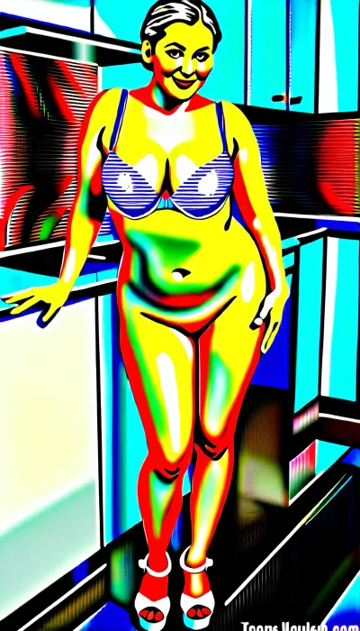 female, granny Housewife 90 years old, chubby, limp tits, platform sandal high heels, stand in kitchen, transparent bra