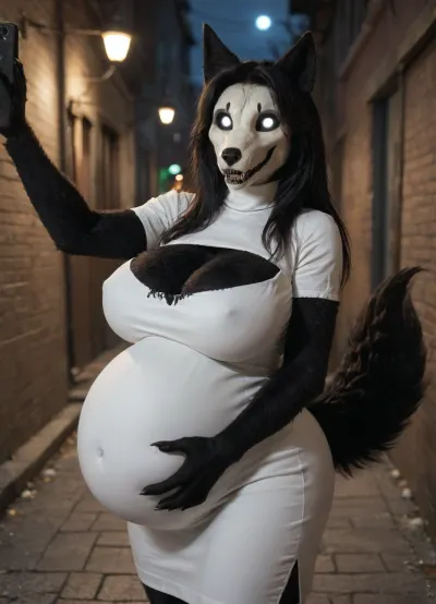 1girl, solo, anthro female, Character, scp-1471, anthro woman, canine anthro, black fur, black hair, black sclera, white eyes, glowing eyes, (((furry art, fur, anthro woman, Big breasts, black fur, inflation fetish:1.3))), fluffy tail, white dress, cleavage cutout, turtleneck dress, skirt cutout, thigh cutout, selfie, outdoors, alley, dark lighting, night, nightclub, city, BREAK
masterpiece, best quality, newest, absurdres, highres, amazing quality, very aesthetic