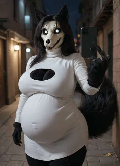 1girl, solo, ((anthro female, Character, scp-1471)), anthro woman, canine anthro, black fur, black hair, black sclera, white eyes, glowing eyes, (((furry art, fur, anthro woman, Big breasts, black fur, inflation fetish:1.3))), fluffy tail, white dress, cleavage cutout, turtleneck dress, skirt cutout, thigh cutout, selfie, outdoors, alley, dark lighting, night, nightclub, city, BREAK
masterpiece, best quality, newest, absurdres, highres, amazing quality, very aesthetic