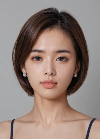 photorealism, Japanese Woman, Korean, Chinese, Filipino, Mongolian, Vertical face, small Eyes, Thin Lips, oblong lips, super short hair, No bangs, brown Hair, 40 Years Old, no makeup, brown eyes, sharp eyebrows, uneasy expression, Long nose, smooth cheeks, ultra high details, front　view， no background, portrait, No accessories, pointed chin, high-set eyebrows, high-set eyes, natural eyebrows, realistic, beach volleyball player, japanese woman, 50 years old, long face, brown hair