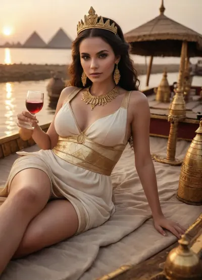 A fictional Nile queen reclining on a gilded lotus barge, diaphanous linen dress slipped to show hip and boobs and beautiful legs, heavy kohl, wide gold collar, servants pouring wine, papyrus reeds and pyramids at sunset, lush cinematic luxury.