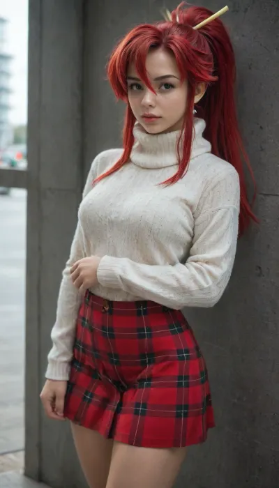 masterpiece, best quality, newest, 1girl, solo, black turtleneck, knit sweater, red plaid skirt, fishnets, yoko_littner