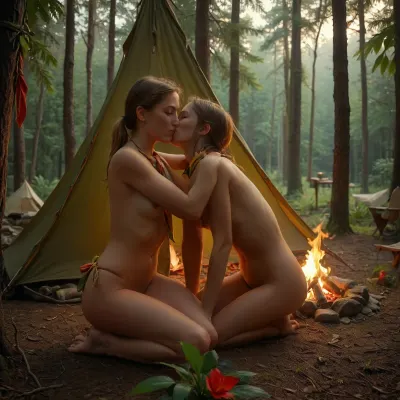 two female scouts, in a tent, kissing, in love, desire, longing, passion, nude, in the jungle, camp fire beside tent, flat chested, parrot, no makeup, ((scout tie)), <lora:c4mp1ng:1>, <lora:flat_chested_v3.5:1>, <lora:jungl3:.8>