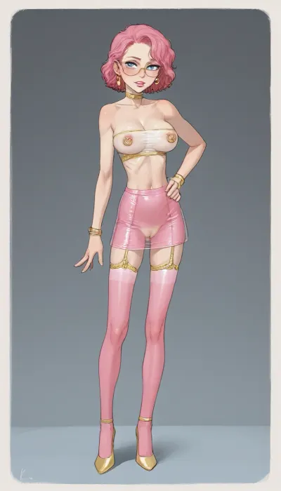 25 yo, blue eyes, long pink hair, at school classroom, ((transparent tubetop)), ((transparent micro skirt)), athletic, (gold choker), tight gap, (wet skin), look at viewer, eyes at viewer, pink lips, (gold stockings), garter-belt under skirt, (slutty make-up:1.1), blushing, gold high-heels, glasses, cleavage, erected nipples, (athletic skinny body), horny face, wet body, wide hip gap, narrow waist, showing her pubic shaved pussy and large breasts with nipple rings, without panties, visible pussy, (cartoon), tooned, cartoon, low color palette, painted, illustration, made in illustrator, no gradients, incase style, concept, retro, futuristic, flat colors, masterpiece, <lora:ratatatat74-000050:.9>, <lora:outline_xl_kohaku_delta_spv5x:.5>, <lora:cartoon_stickers_xl_v1:.6>, <lora:NEOTOKIOXL_0.2_RC:.4>, <lora:DetailedEyes_V3:.6>