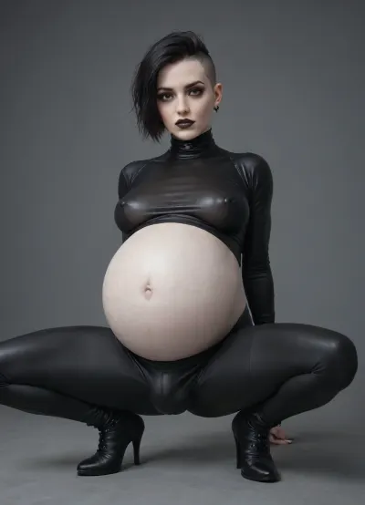 one person, Goth, pregnant goth futanari, (full body visible, legs apart), (pale skin:1.8), (body type fit:1.7), (big pregnant belly covered by black bodysuit), narrow face, thin neck, (short undercut hairstyle), black hair, (medium cock:1.2), ((Bulge Through bodysuit:1.3), (penis bulge:1.3)), (round ass:1.2), (muscular legs:1.1), (small tits:1.4), ((heels strips), the whole body is covered with a black transparent nylon bodysuit, transparent bodysuit covering the neck and chest, boobs in transparent nylon, transparent bodysuit, dense durable transparent shapewear bodysuit, goth make-up, black lipstick)