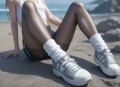a young 18yo woman of pale white skin, (petite), long blonde hair with slight red ombre effect, velvet perfect soft skin, mode and style influencer, leaning back, editorial picture, displaying a light and casual summer oufit, with sporty shorts, high white socks, white platform sneakers, londsdale tanktop, sitting casually on a rock, close to the beach sore, vintage photo, chromatic aberration, sun flare, washed out, 70s vibe., panntyhose, black, pantyhose, white, flat, chested, <lora:ahxl_v1:.8>, <lora:pantyhose_xl_v1:.8>, <lora:flat_chested_v3.5:.8>