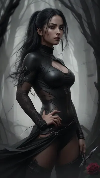 generate a conceptual art, of a blDark scenery, dark light, dark environment, muscular female fighter, baggy black jogger pants, small black dagger, brown eyes, prominent pupils, dark masterpiece, full body size, oriental fantasy theme, underworld, spectacular black hair, serene gaze, color grading, dark illustration, the person in the middle, extreme quality, radiant and serious face, extremely detailed, ultra detailed, ultra hd 8k, ultra digital, mythical, dark ray, concept art portrait by Greg Rutkowski, art, hyper detailed, intricately detailed gothic art, dark gothic fantasy style, triadic colors, fantastic, intricate detail, splash screen, complementary colors, fantasy concept art, 8k resolution, deviantart gothic masterpiece, oil painting, heavy strokes, soft lighting, film photography, analog photography, film grain, Anna Dittmann, hyperrealism, oil dripack dagger wrapped around a black rose