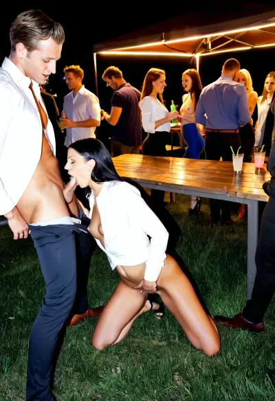 A slender woman fucks man, woman with slim athletic figure, small breasts, long black hair, seductive expression, men with varied builds, dressed in business casual attire, aroused and participating, woman passionately fucking the men in a group setting, intense vaginal and possibly other penetrations, bodies intertwined in ecstasy, outdoor company party scene at night, crowded with many people in the background watching or mingling, festive atmosphere with neon lights illuminating the area, creating vibrant colorful glows and shadows, tables with drinks, string lights overhead, urban skyline in distance for added depth, amateurish style, like a candid smartphone photo, slightly grainy texture, realistic lighting with neon reflections on skin and clothing, high detail on fabrics, red blazer partially unbuttoned, white shirt lifted, black leggings pulled down, high heels on grass or pavement, dynamic composition, wide angle to capture the crowd and action, high resolution for clarity